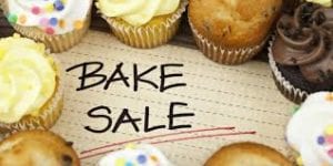 Bake sale logo with images of cupcakes