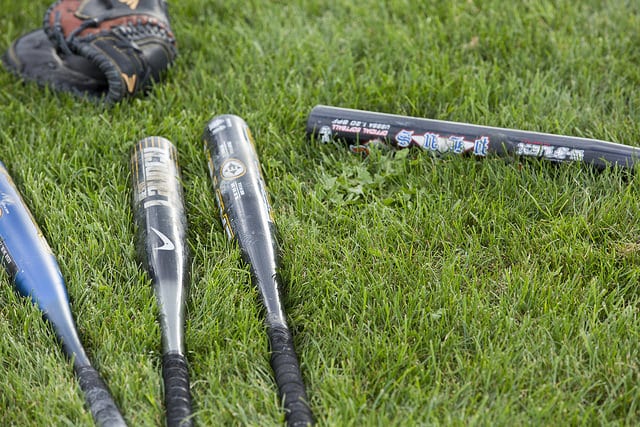 An image showing softball bats and a mit in the grass