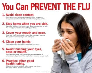 The single best way to prevent seasonal flu is to get vaccinated each year, but good health habits like covering your cough and washing your hands often can help stop the spread of germs and prevent respiratory illnesses like the flu. There also are flu antiviral drugs that can be used to treat and prevent flu.  1. Avoid close contact. Avoid close contact with people who are sick. When you are sick, keep your distance from others to protect them from getting sick too.  2. Stay home when you are sick. If possible, stay home from work, school, and errands when you are sick. This will help prevent spreading your illness to others.  3. Cover your mouth and nose. Cover your mouth and nose with a tissue when coughing or sneezing. It may prevent those around you from getting sick.  4. Clean your hands. Washing your hands often will help protect you from germs. If soap and water are not available, use an alcohol-based hand rub.  5. Avoid touching your eyes, nose or mouth. Germs are often spread when a person touches something that is contaminated with germs and then touches his or her eyes, nose, or mouth.  6. Practice other good health habits. Clean and disinfect frequently touched surfaces at home, work or school, especially when someone is ill. Get plenty of sleep, be physically active, manage your stress, drink plenty of fluids, and eat nutritious food.