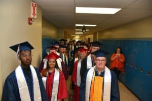 P-Tech students line up for their graduation ceremony.