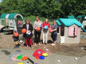 Left to right: American Heart Association Regional Director Gina Chapman, BC Center Director Pam Holland , Professor Carla Michalak, and Deena Price at the donation of outdoor play equipment to the campus childcare center