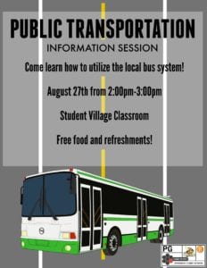 Learn how to use the local bus system during this public transportation information session from 2 to 3 p.m. Aug. 27 in the Student Village Classroom. 