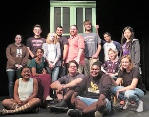 The students pictured in the cast photo for Rumors are, in alphabetical order: Saifon Barry, Tylor Belles, Ryan Brunick, Fedeline Jean-Philippe, Lynnette Linares, Jeffrey Miller, Jaycee Mosher, Tiffany Poborsky, Mackinaw Shutt, Abdul Siddique, Ben Swenson and Jialin Tian. Also pictured are crew members and SUNY Broome alumnae, Joy Thornton and Claudia Sacco.
