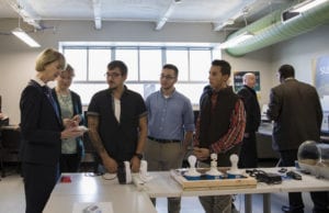 Engineering Science students discuss their projects with SUNY Chancellor Kristina Johnson.