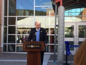 SUNY Broome President Kevin E. Drumm speaks during the grand opening of the Calice Advanced Manufacturing Center on Oct. 17, 2018