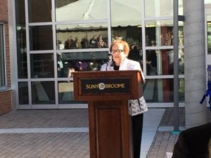 Broome Community College Foundation President Margaret Turna speaks during the opening of the Calice Advanced Manufacturing Center on Oct. 17, 2018.