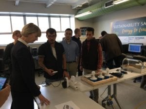 SUNY Chancellor Kristina Johnson speaks with SUNY Broome Engineering Science students in the Calice Center's green energy classroom, the Sustainability Sandbox, on Oct. 17, 2018.