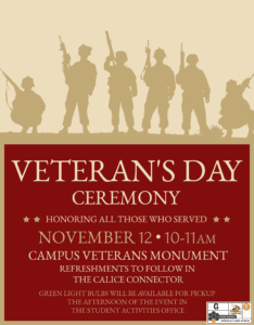 You are cordially invited to SUNY Broome’s Commemoration of Veterans Day! The ceremony starts at approximately 10 a.m. on Nov 12 at the Veterans Monument, located in front of the Student Services Building.