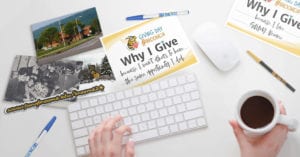 #Broome24 logo with keyboard, a postcard with "Why I Give" and a coffee mug