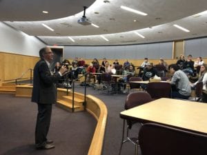  Dr. Shane Kilcommins, head of the Law School at the University of Limerick in Ireland, gave a guest lecture to students in SUNY Broome's Criminal Justice & Emergency Services program on Nov. 2.