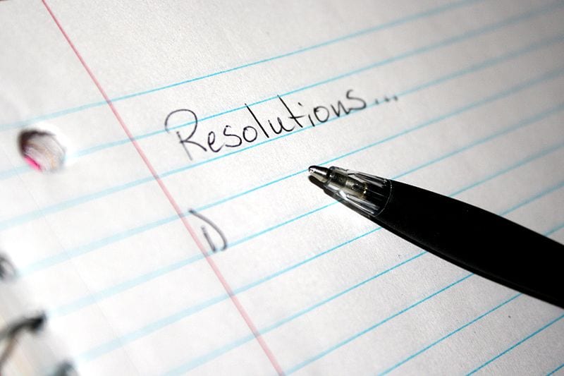 The word "resolutions" written on a piece of lined paper, with a black pen beside it