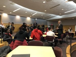 Executive Vice President and Chief Academic Officer Francis Battisti addresses students during the Dec. 5 Lunch with the Law program.