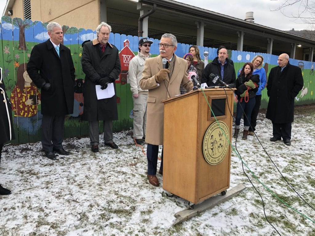 SUNY Broome Executive Vice President Francis Battisti speaks during a press conference at the Broome County Dog Shelter.