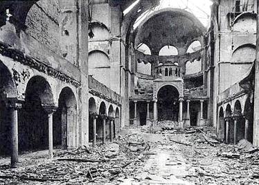 Interior of Berlin's Fasanenstrasse Synagogue, opened in 1912, after it was set on fire during Kristallnacht on November 9, 1938.