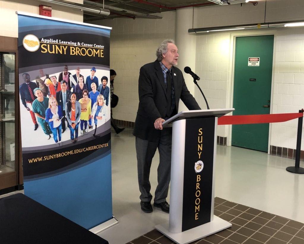 SUNY Broome President Kevin E. Drumm speaks at the grand opening of the Career Closet on Feb. 21, 2019