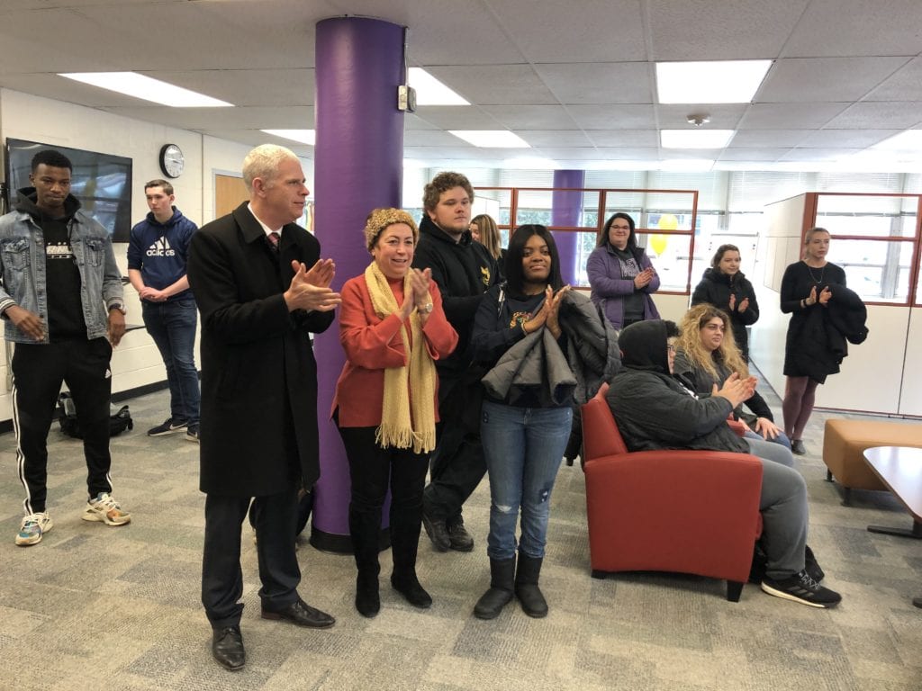 Broome County Executive Jason Garnar, left, with the campus community during the opening of the Multicultural Resource Center on Feb. 27, 2019