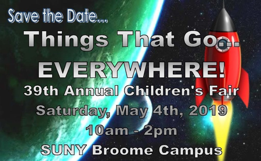 Save the date for the 39th annual Children's Fair on May 4, 2019. The event will take place from 10 a.m. to 2 p.m. in the Student Center and gyms at SUNY Broome.