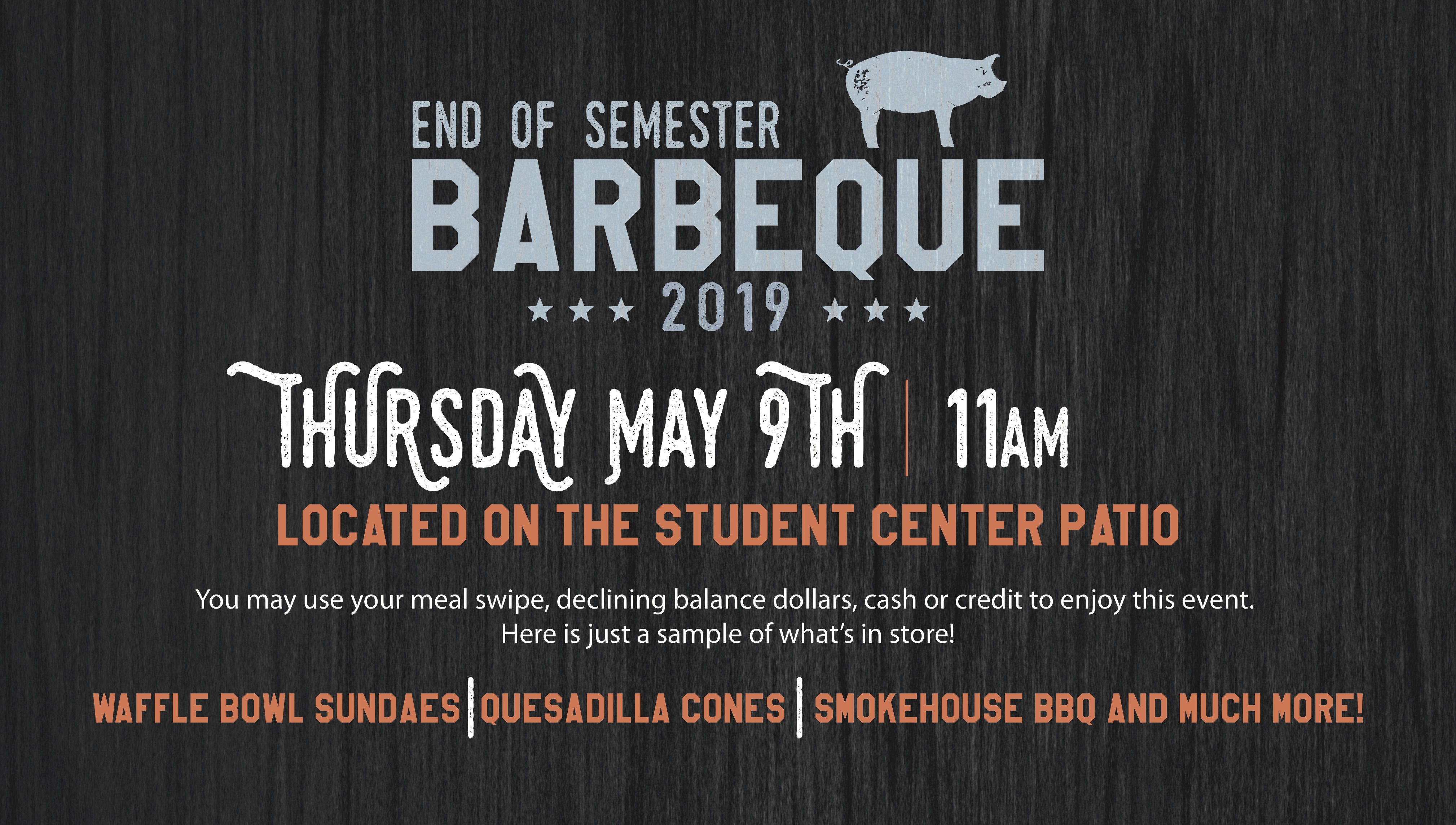 Join American Dining Creations from 11 a.m. to 3 p.m. Thursday, May 9, for the end-of-semester Customer Appreciation Barbecue and Street Fair!