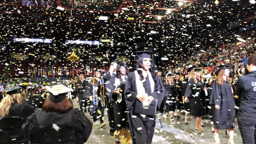 Proud graduates walk through the confetti at Commencement 2019.