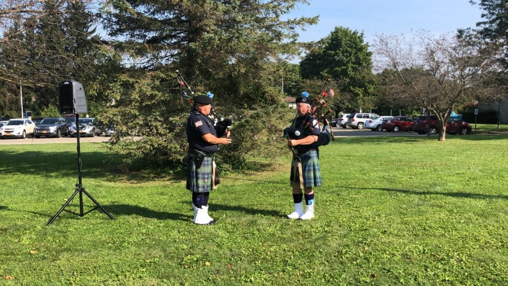 Bagpipers play "Amazing Grace" at the start of SUNY Broome's annual 9/11 ceremony.