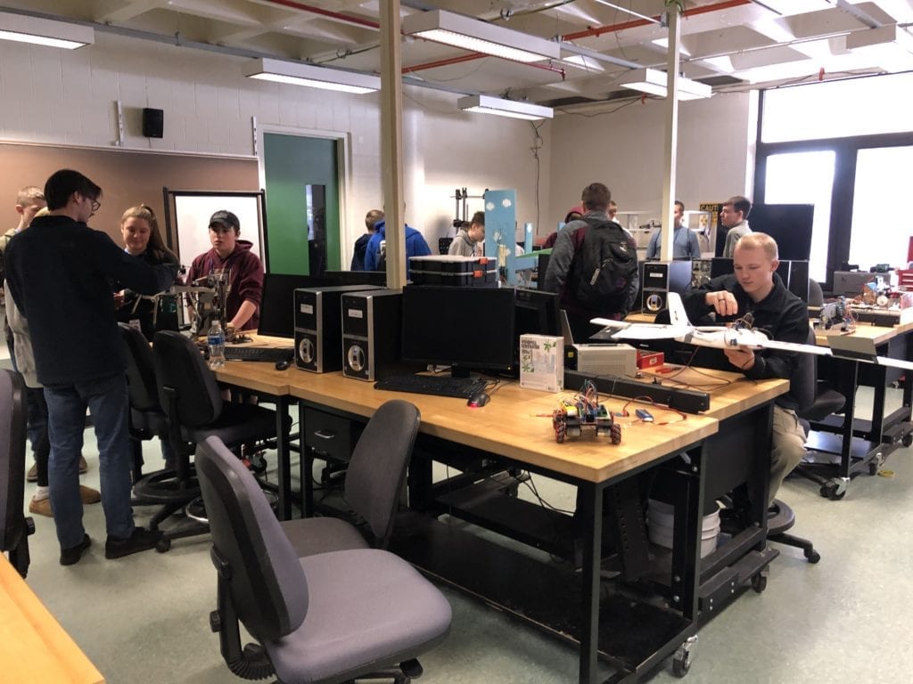 SUNY Broome Engineering Science students discuss their microprocessor projects during SPARK on Jan. 22, 2020.