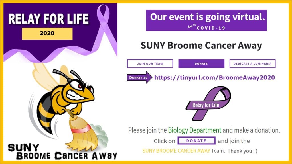 Relay for Life. Our event is going virtual. Donate at tinyurl.com/BroomeAway2020