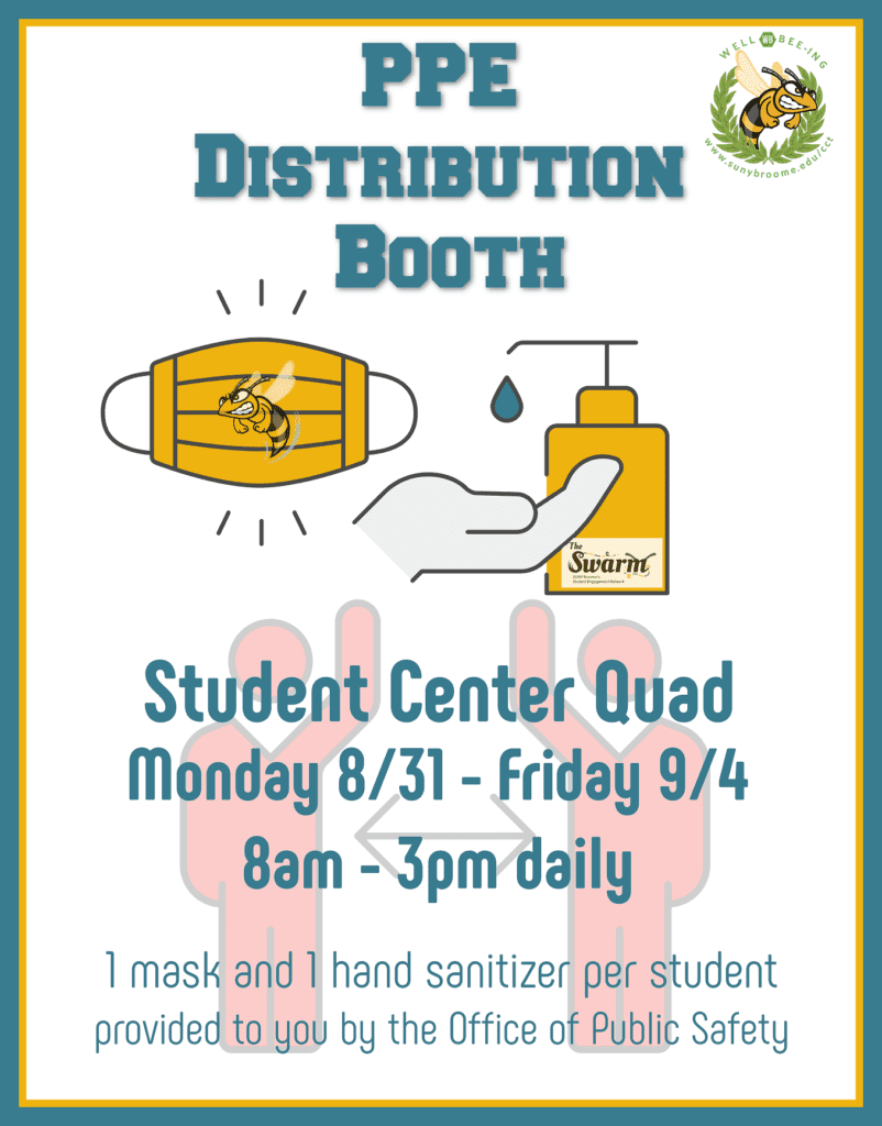 PPE Distribution booth, Student Center Quad, Monday August 31 to Friday September 4, 8:00 am to 3:00 pm daily, 1 mask and 1 hand sanitizer per student provided to you by the office of public safety.
