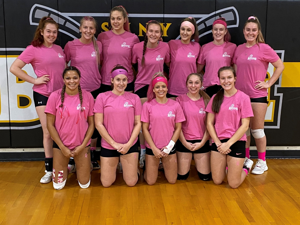 SUNY Broome volleyball team in their "Dig pink" match to show support for Breast Cancer Awareness Month