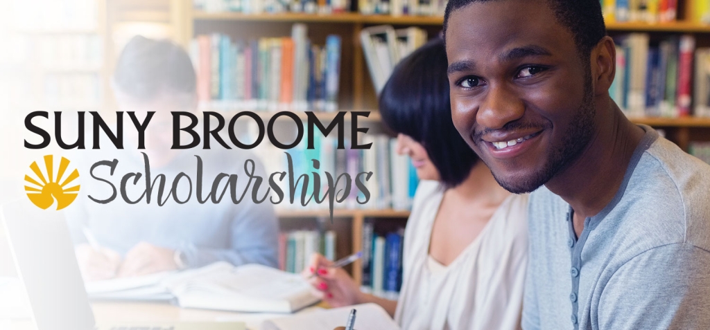 SUNY Broome Scholarships image of smiling students in the library
