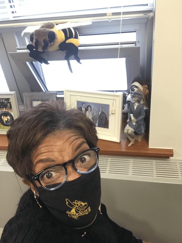 Dr. Carol Ross-Scott wearing her SUNY Brome face mask