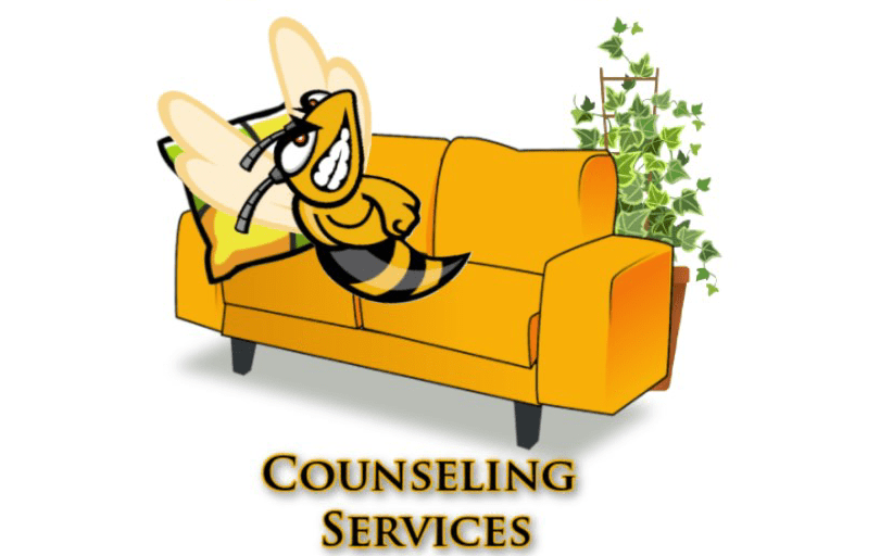 Counseling Services depicting SUNY Broome hornet resting on a yellow couch
