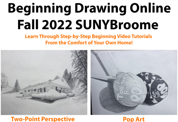 Beginning Drawing Online Fall 2022 SUNY Broome. Pencil drawing of a house with Two-point perspective and pencil drawing of Tootsie Roll Pops Titled "Pop Art"