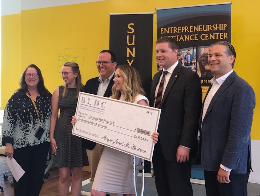 Mayor Jared Kraham, members of the BLDC and staff from SUNY Broome and KSTI came together at the Koffman Southern Tier Incubator on June 15th to announce the First place winner was Laura Whitmore of Strategic Test Prep