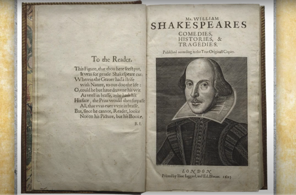 Open book with text: Mr. William Shakespeares Comedies, Histories, & Tragedies.
