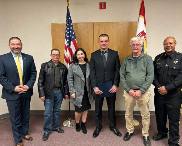 Criminal Justice student, Nicholas Bartholomew was presented with the New York State Sheriff's Institute Scholarship Award. Broome County Sheriff Fred Akshar, Undersheriff Sammy Davis, and members of the SUNY Broome Criminal Justice and Emergency Services (CJES) Department