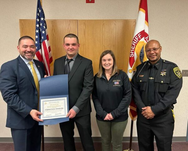 Criminal Justice student, Nicholas Bartholomew was presented with the New York State Sheriff's Institute Scholarship Award. Broome County Sheriff Fred Akshar, Undersheriff Sammy Davis, and members of the SUNY Broome Criminal Justice and Emergency Services (CJES) Department