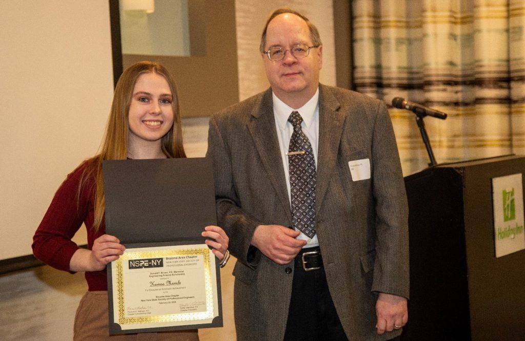 Karissa Maricle receiving the Donald F. Brown, P.E. Memorial Engineering Science Scholarship from Thomas Mathias, PE, NSPE-NY Awards Committee Chair.