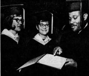 Broome Tech Professor Anthony A. Davis, coordinator of the college's X-Ray Technology program, is shown with the program's first two honor graduates, Dawn Marie Rank (left) and Barbara Jean Loudon (center) in this Sept. 8, 1967, photo from The Evening Press, forerunner to the Press & Sun-Bulletin.