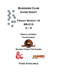 Flyer for the Business Club's March 16 Game Night