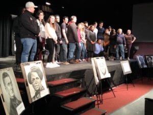 Pictured are SUNY Broome theater and art students onstage after the Theater Common Hour presentation on Thursday, March 22.