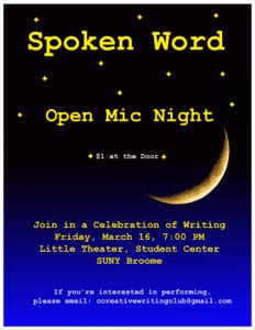 We welcome you to join in a celebration of writing at the Creative Writing Club's Spoken Word Open Mic Night, from 7 to 8 p.m. March 16 in the Angelo Zuccolo Little Theatre, located in the Student Center.