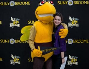 Heres the cheerleading squad we all need: Stinger and SUNY Broome Admissions Director Elisabeth Costanzo Stewart!