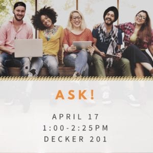 A flyer for ASK! on April 17