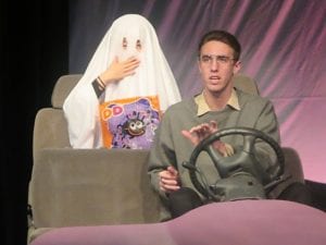 In the mini play “Marcus Is Walking,” you can see Ricky Wood as he plays the father driving his son Marcus to his Halloween trick or treat houses. Jialin Tian is playing Marcus. 