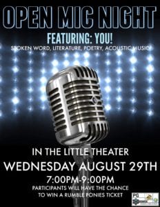 Share your work of poetry, acoustic music, literature or spoken word during an Open Mic Night, hosted in the Angelo Zuccolo Little Theatre from 7 to 9 p.m. August 29. 