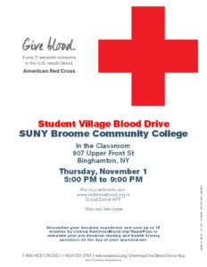 Save a life: Give blood Nov. 1 in the SUNY Broome Student Village classroom!