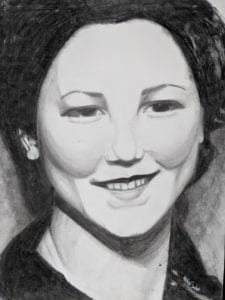 Judith Beker, a survivor shown here was drawn by ART 115: Beginning Drawing student, Alisha Sackett in the Visual Communications Department.