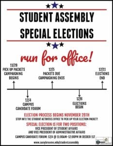 The Student Assembly is holding a special election for two positions: The Vice President of Student Affairs and the Vice President of Administrative Affairs.
