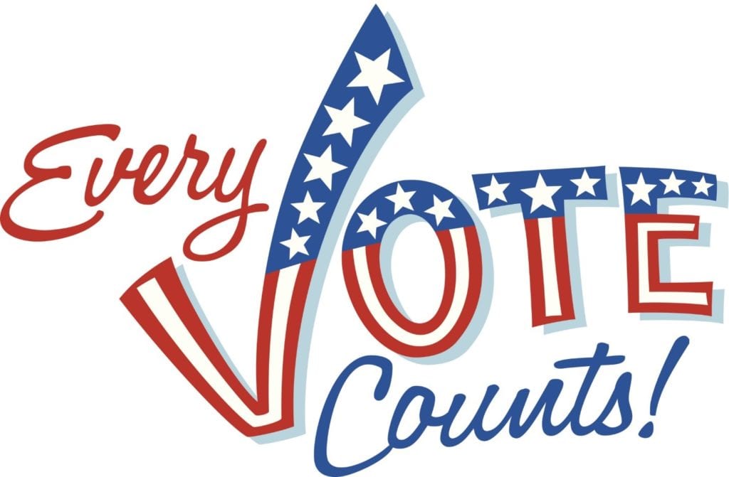 The words "Every vote counts" in a patriotic font