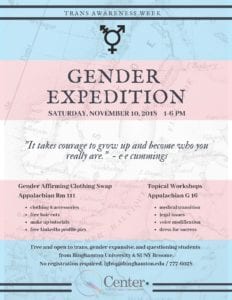 Binghamton University's Q Center is holding a Gender Expedition in honor of Trans Awareness Week from 1 to 6 p.m. Saturday, Nov. 10, 2018, on the BU campus.